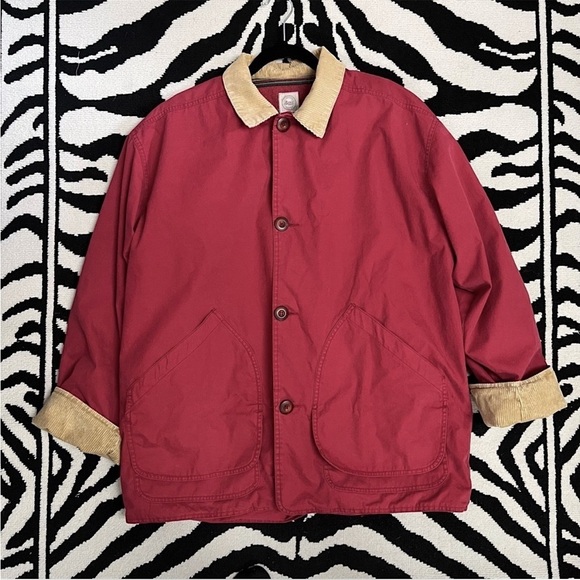 GH Bass Vintage 90s Red Cotton Corduroy Collar/Cuffs Flannel Barn Coat Large - Picture 1 of 9